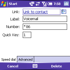 Image of Voicemail Speed Dial screen