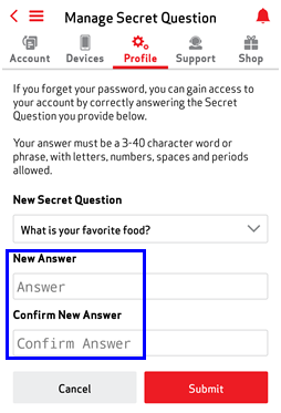 Image: MVM Change Secret Question Screenshot