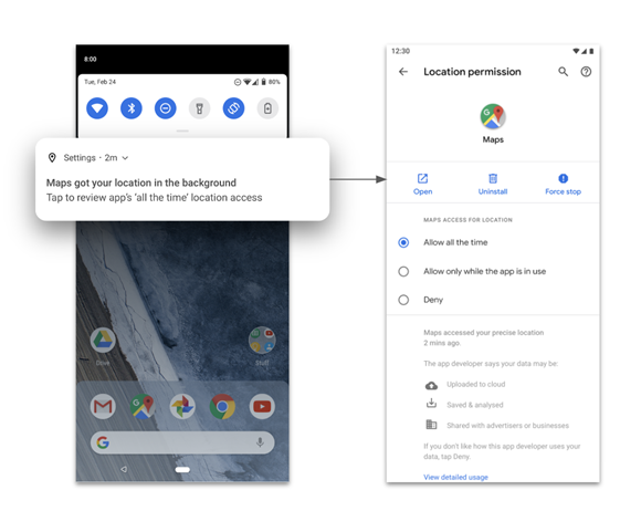 Google Pixel Location Permission Reminders screenshot