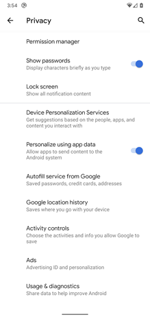 Google Pixel Privacy Settings screenshot