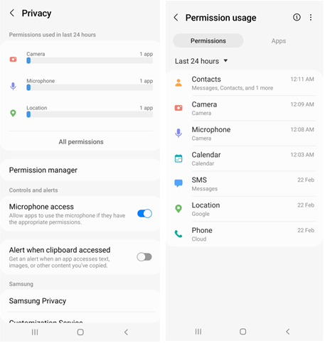 Samsung Galaxy A12 Privacy screenshot