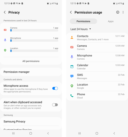 Samsung Galaxy A51 Privacy screenshot