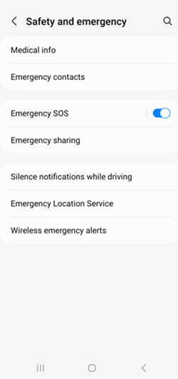 Samsung Galaxy S21 Safety and Emergency Settings screenshot