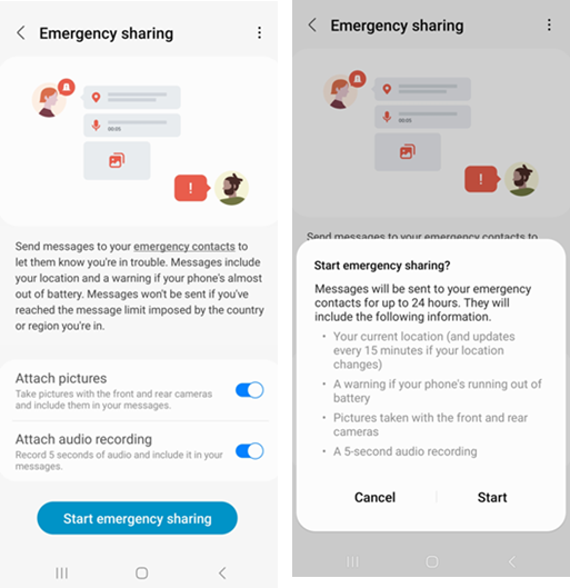 Samsung Galaxy Note20 Emergency Sharing screenshot