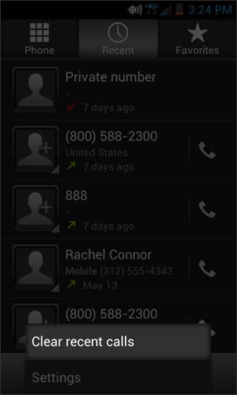 Phone Menu select Clear recent calls