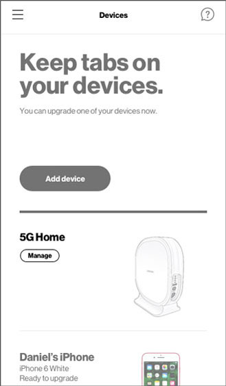 My Verizon app devices screen with emphasis on manage