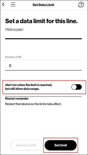Set Data Limit with Alert switch