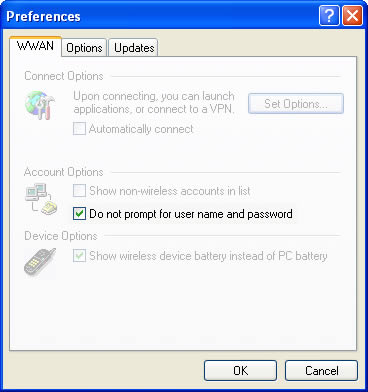 Preferences window showing prompt for user name and password option