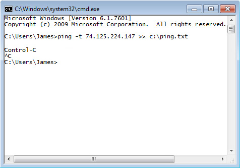 Windows command line interface with timeless ping command entered with output to a file