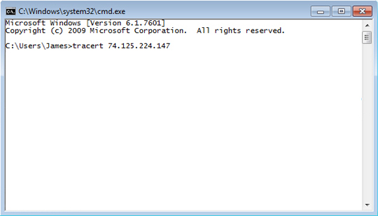 Windows command line interface with traceroute command entered