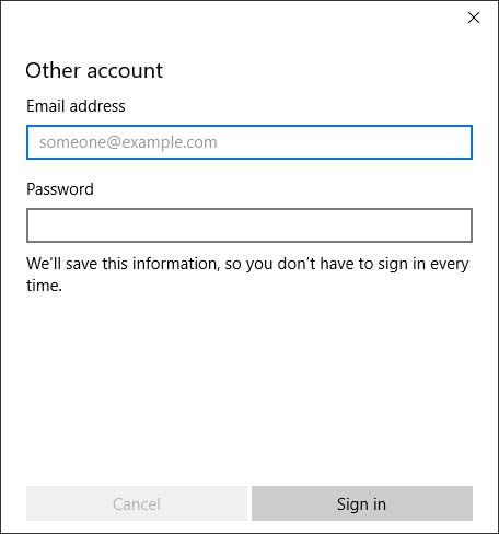 Sign in screen with available fields