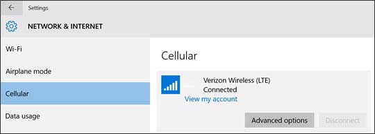 Verizon Wireless connection with Advanced options
