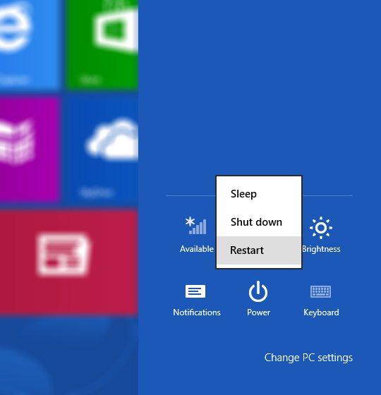 Power options menu, Restart