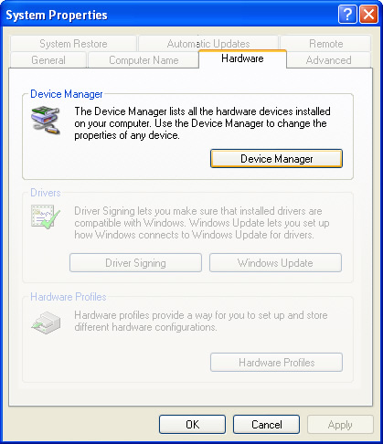 System properties Hardware tab with focus on selecting Device Manager