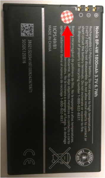 Indicador de daño por agua en la batería de Nokia