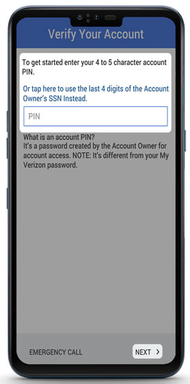 Verify your account screen Verify your account screen