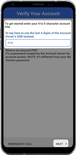 Verify your account screen Verify your account screen
