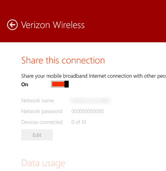 Mobile broadband network with Share this connection switch