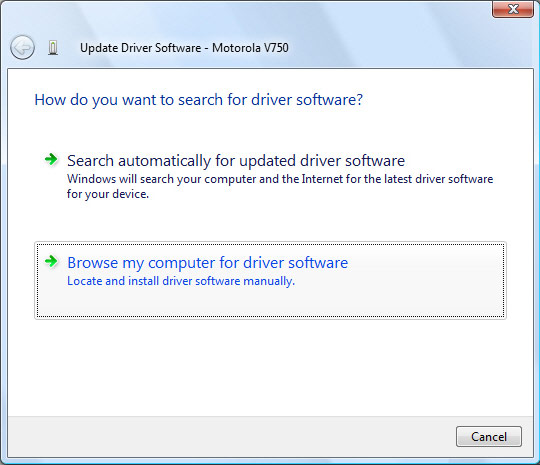 Driver update screen with focus on browse my computer for driver software