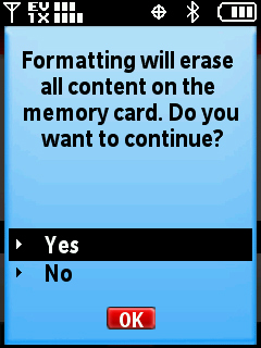 Pantalla de advertencia Format card con opción Yes