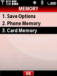Menú Memory con opción Card memory
