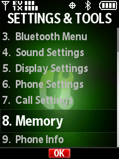 Settings and tools con opción Memory