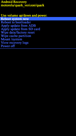 Android system recovery screen with Reboot system now