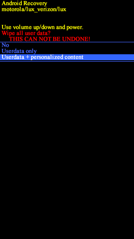 Android system recovery screen with Userdata + personalized content