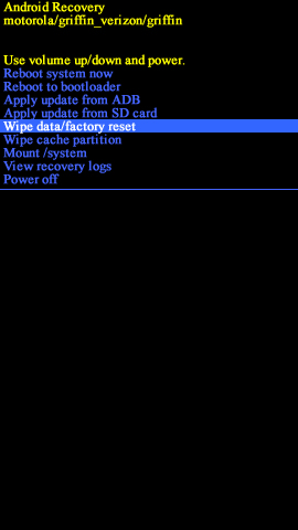 Android system recovery screen with Wipe data/factory reset