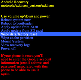 Android system recovery screen with Wipe data/factory reset