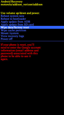 Android system recovery screen with Wipe data/factory reset