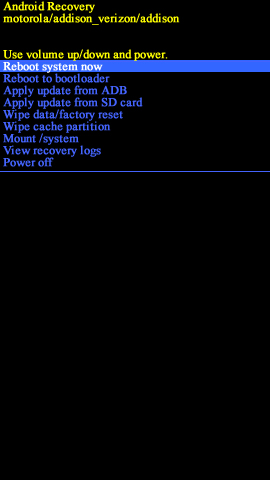 Android system recovery screen with Reboot system now