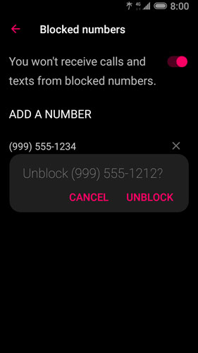 Blocked numbers screen with option to unblock