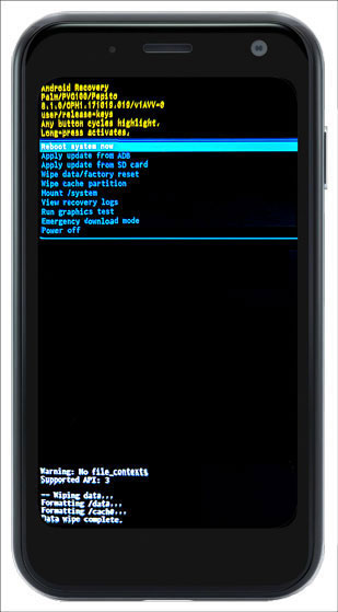 Android Recovery Screen with Data wipe complete message and emphasis on Reboot system now