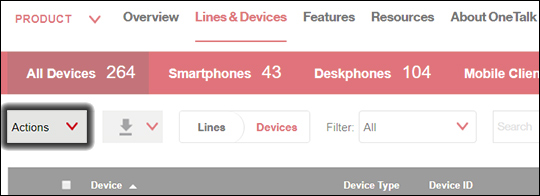Device list with emphasis on Actions dropdown