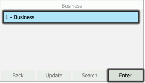 Desk phone Remote Directory list with emphasis on Business selection and Enter button