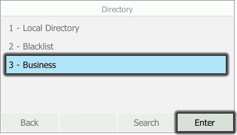 Desk phone Directory menu screen with emphasis on Business selection and Enter button