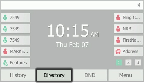 Desk phone main screen with emphasis on Directory button
