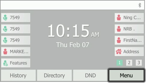 Desk phone main screen with emphasis on Menu button