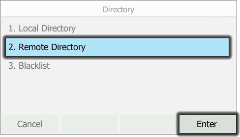 Desk phone Directory screen with emphasis on Remote Directory selection and Enter button