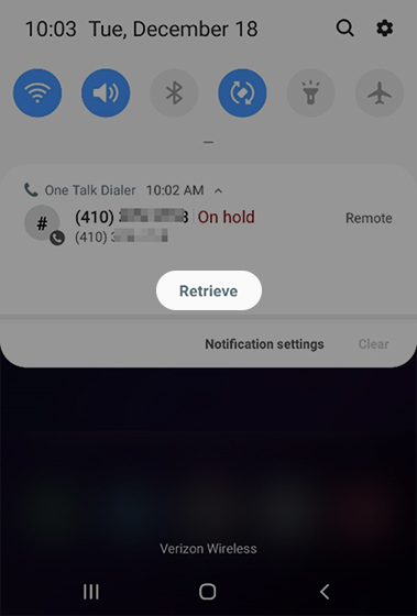 Retrieve call from notification