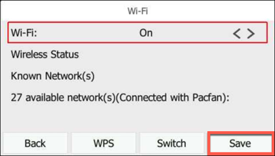 Wi-Fi settings screen with emphasis on Save soft key Wi-Fi settings screen with emphasis on Save soft key