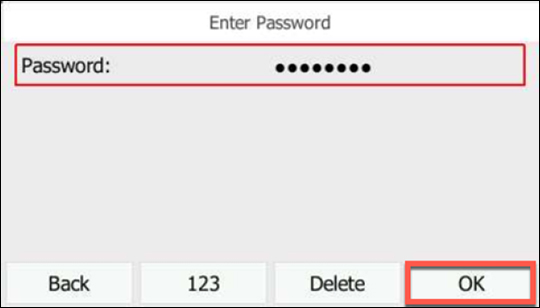 Password entry screen with emphasis on OK soft key Password entry screen with emphasis on OK soft key