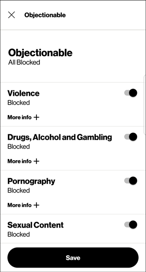 Objectionable Content screen with available filters
