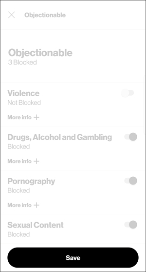 Objectionable content with available filters and Save