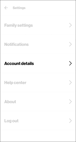 Settings with Account details