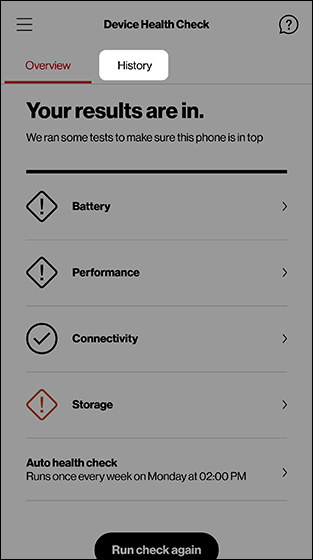Device Health Check screen with emphasis on History tab