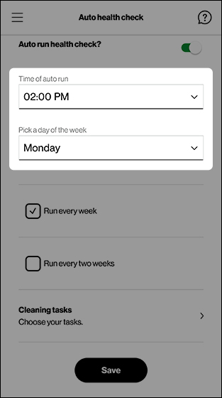 Auto health check settings screen with emphasis on Time and Day dropdown menus