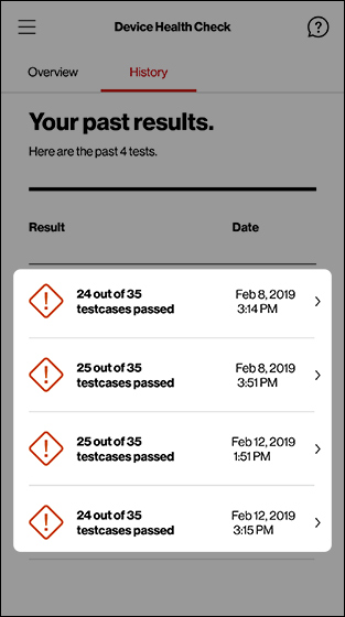 Device Health Check history screen with emphasis on test result lines