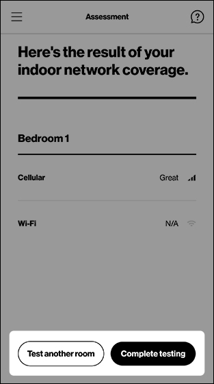 Assessment result screen with emphasis on Test another room and Complete testing buttons